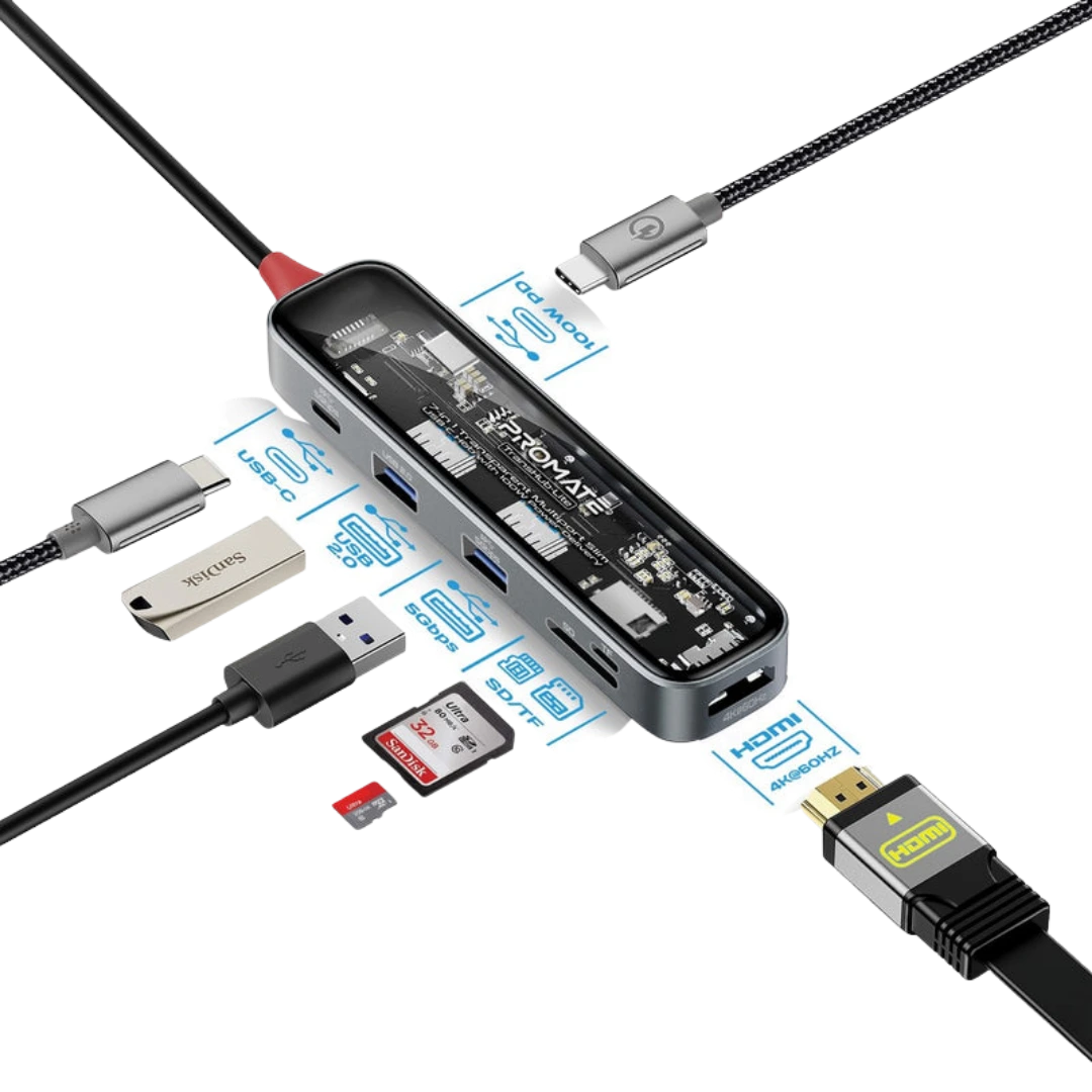 PROMATE 7-in-1 Slim USB-C Hub 100W Power Delivery Features